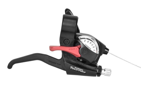 Шифтер/ручка тормоза SHIMANO TOURNEY ST-EF40-7R,правая,7-пер.,трос 2000мм,черный\красный ASTEF402R7ALN